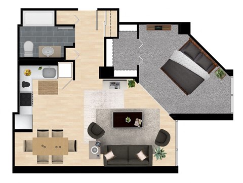 1  Bed   1  Bath   671 Sq. Ft. Lincoln Floor Plan at The Kent, Chicago